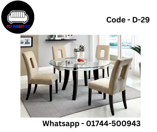 DINING TABLE, 4-CHAIR WITH GLASS TOP.
